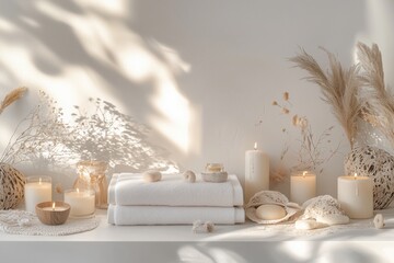 Conjunto de itens de spa com toalhas, velas e elementos decorativos em tons neutros, capturados com luz natural suave, criado com IA generativa.