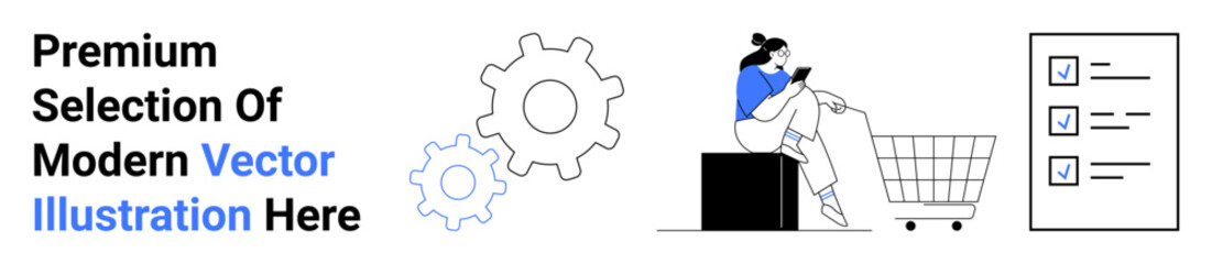 Woman sitting near shopping cart using smartphone, checklist and gears signify tasks and productivity. Ideal for e-commerce, online shopping, app design, task organization, workflow management