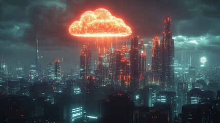 Obraz premium A glowing digital cloud icon hovers over a modern cityscape at night, symbolizing cloud computing, data storage, and smart city infrastructure