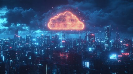 A glowing digital cloud icon hovers over a modern cityscape at night, symbolizing cloud computing, data storage, and smart city infrastructure
