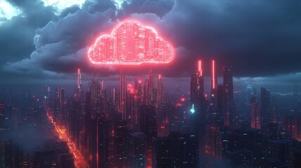 Obraz premium A glowing digital cloud icon hovers over a modern cityscape at night, symbolizing cloud computing, data storage, and smart city infrastructure