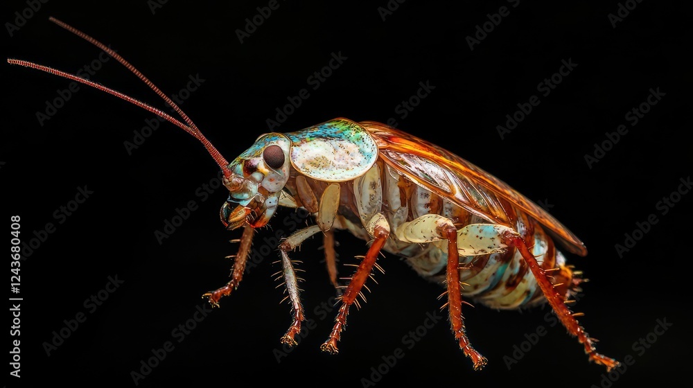 Poster a close-up image of a colorful cockroach against a black background.