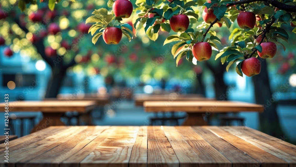 Aufkleber wooden table top surrounded by apple trees in blurred background ideal for dining displays with spac