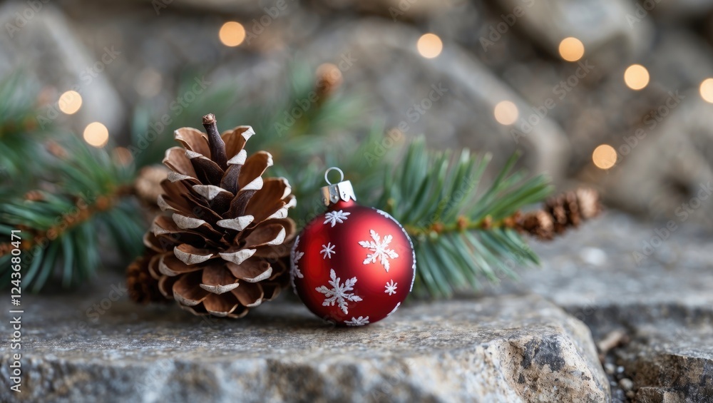 Aufkleber pine cone and red christmas ornament on rustic stone surface with soft focus and greenery creating a