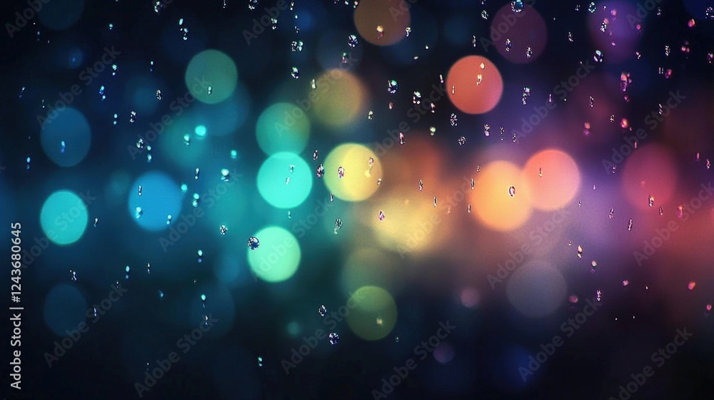 Poster multicolor bokeh effect with raindrops creating a dreamy atmosphere in vibrant tones of light and co