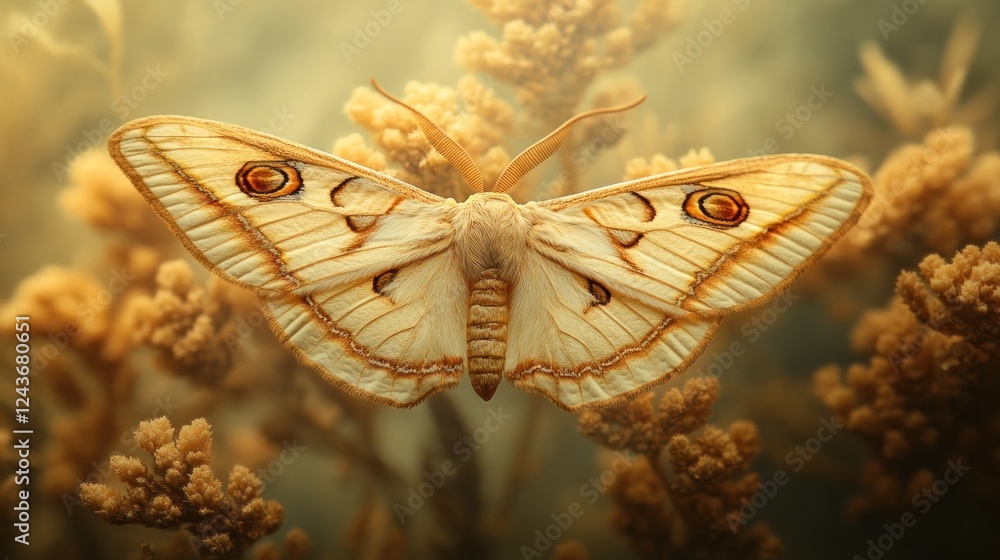 Poster A close-up of a beautiful moth resting on flowers, showcasing intricate patterns and colors.