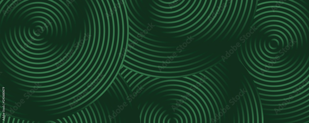 Poster green abstract background with glowing circles. swirl circular lines pattern. geometric spiral.
