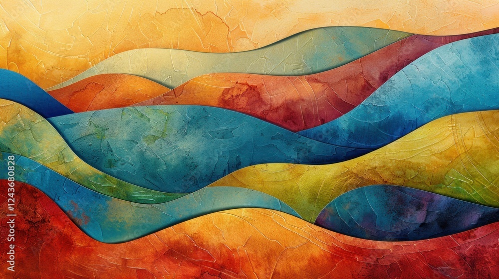 Poster a colorful abstract interpretation of a landscape with rolling shapes and textures. stock photo --ar