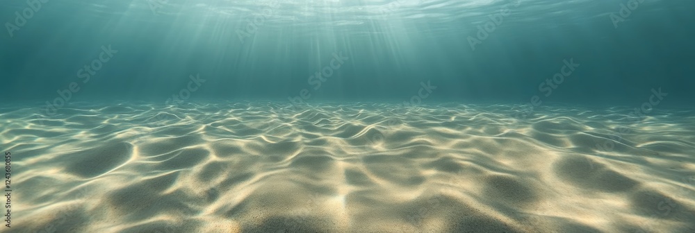 Poster sunbeams streaming down through the clear blue ocean water illuminate the sandy seabed, creating a t