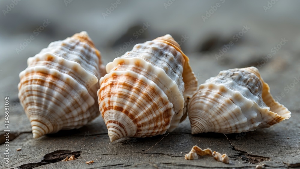 Poster three whelk shells on natural surface with blank space for text overlay in coastal themed design or 