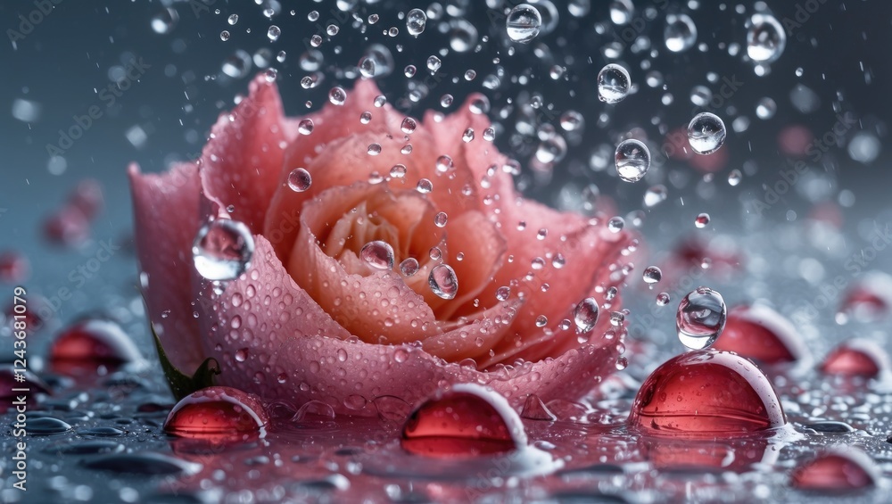 Aufkleber close-up of a pink rose surrounded by water droplets with a soft focus background creating a refresh
