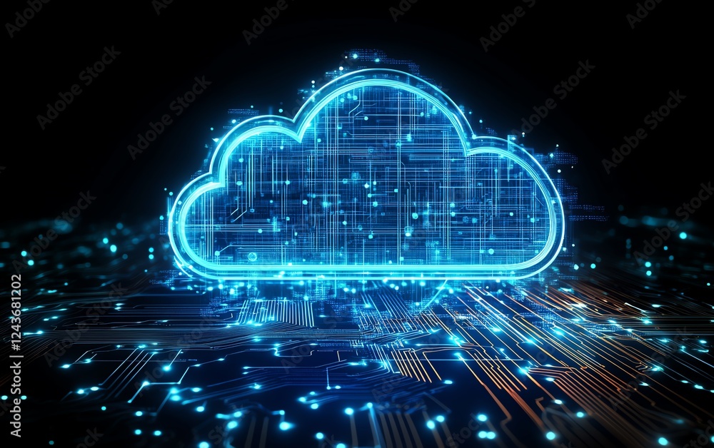 Poster illustration of a cloud symbol over a chip, representing secure cloud computing, emphasizing encrypt