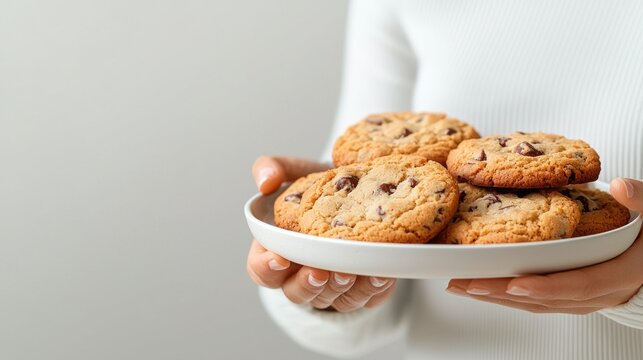 A close-up image of a person holding a plate filled with freshly baked cookies. The cookies are golden brown with chocolate chips, conveying warmth and home-baked goodness.