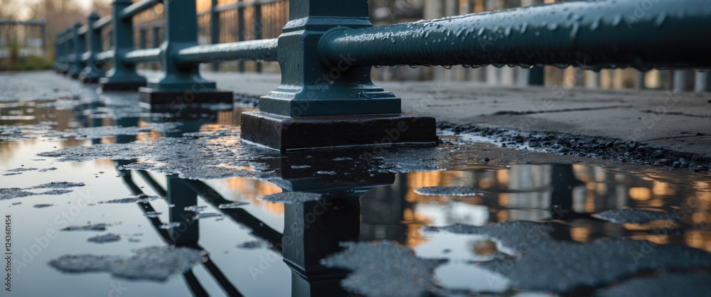 Poster close-up view of a railing with reflections in a puddle showcasing urban textures and serene water p