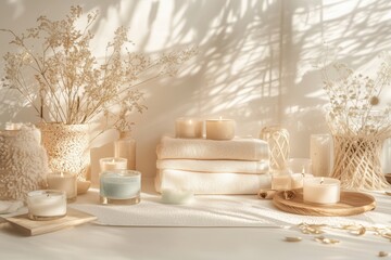 Conjunto de itens de spa com toalhas, velas e elementos decorativos em tons neutros, capturados com luz natural suave, criado com IA generativa.