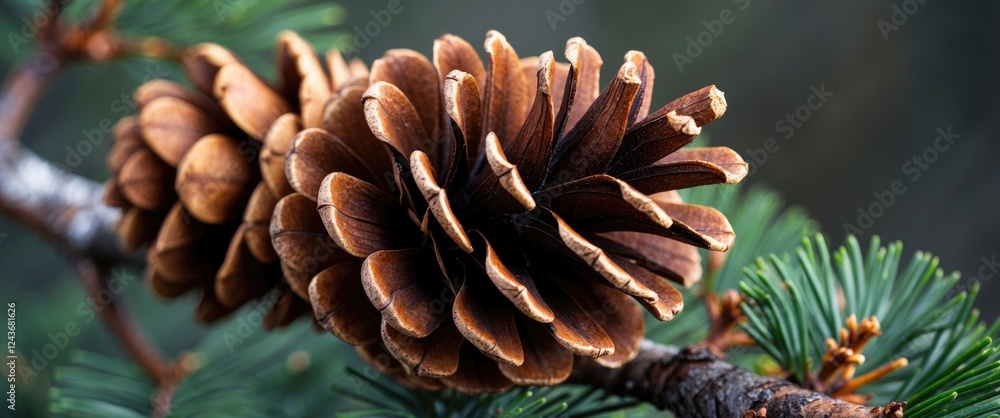 Poster close-up of a brown pine cone nestled on a branch showcasing intricate textures and vibrant green pi