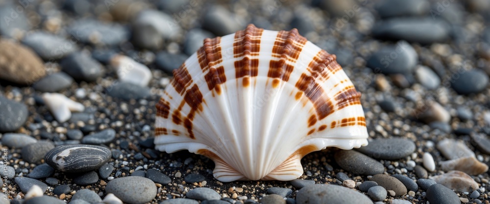 Poster close-up of a brown and white striped seashell resting on a gravel beach with soft focus background 