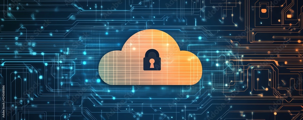 Poster illustration of cloud computing security, with a cloud symbol hovering over a stylized chip, highlig