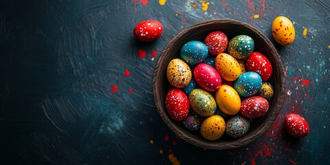 A wooden cross placed in a bowl with colorful Easter eggs, symbolizing Christian faith and Easter celebration. Ideal for religious themes, Easter, and spirituality.