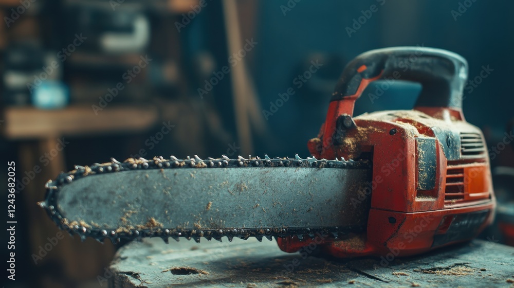 Poster a close-up of a chainsaw resting on a workbench, showcasing its rugged design and purpose.