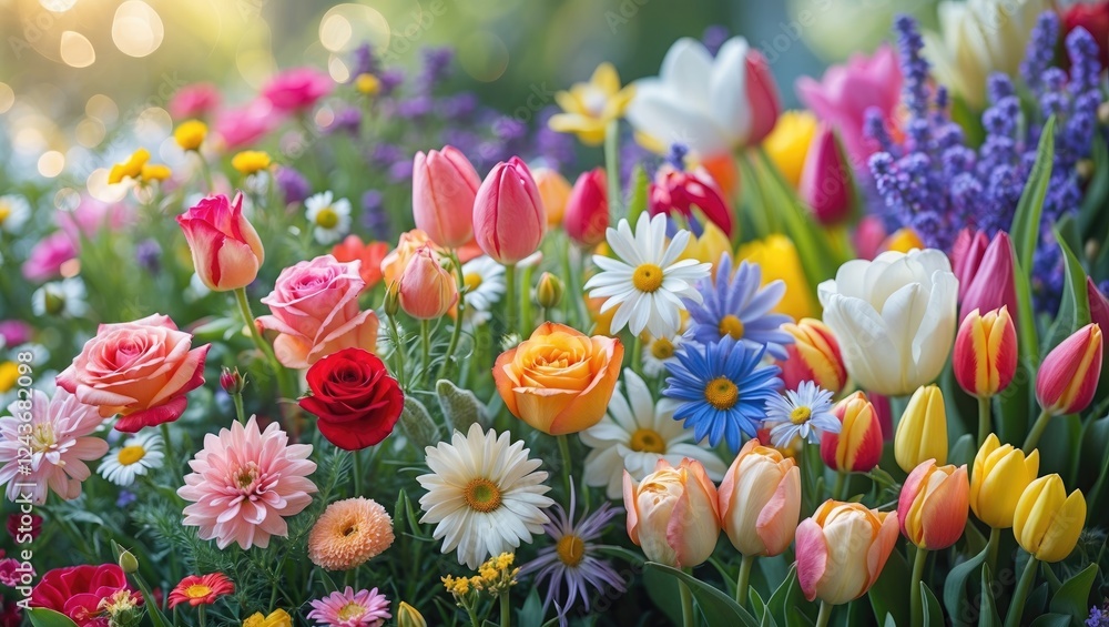 Poster vibrant flower garden displaying a colorful mix of blooms with copy space for text overlays or messa