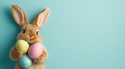 Obraz premium A cute rabbit holds colorful eggs against a mint green background, perfect for Easter-themed designs and cheerful spring celebrations.