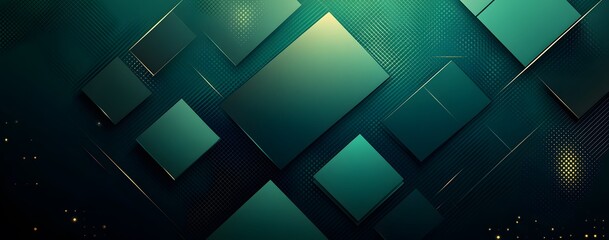 Abstract geometric background with layered squares and grid patterns in green and gold tones