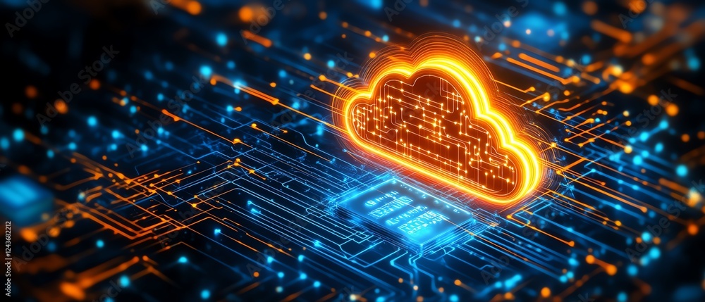 Poster illustration of secure cloud computing, featuring a cloud symbol over a stylized chip, representing 