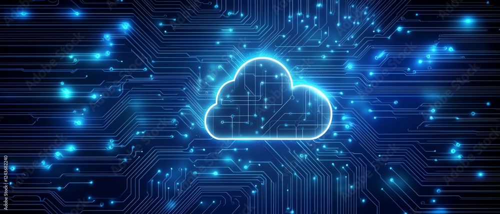 Aufkleber illustration of secure cloud computing, featuring a cloud symbol over a stylized chip, representing 