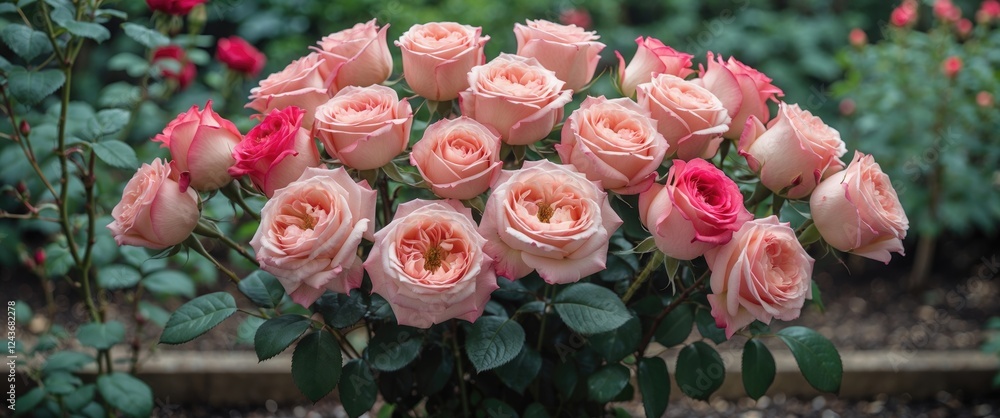 Poster beautiful bouquet of pink and coral roses in a lush garden setting with ample space for custom text 