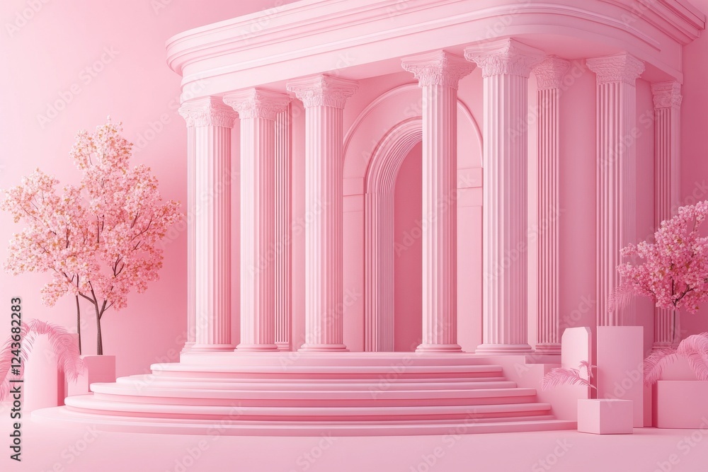 Poster a serene pink architectural scene featuring classical columns and trees, creating a dreamy, ethereal