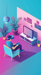 Work Home. Modern and minimalist living room. Virtual reality headset rests casually on the sofa cushion, hinting at the immersive entertainment real-time data or a dynamic presentation. AI