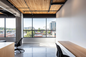 Obraz premium Office Interior with Wooden Ceiling and Concrete Floor, Magazine-Style Photography