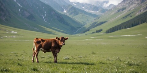 Calf Grazing in Lush Mountain Meadows Under Clear Skies with Space for Text Overlay
