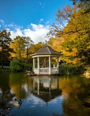 Obraz premium gazebo overlooking a serene pond 