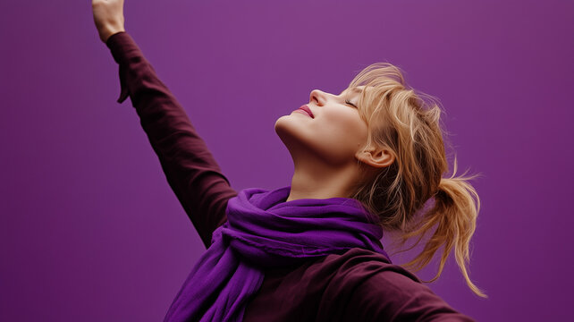 A Caucasian woman wears a purple scarf and raises her arms with her eyes closed, conveying a sense of inspiration and celebration of International Women's Day.