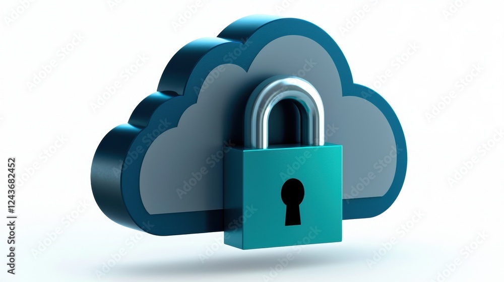 Poster a digital representation of cloud security featuring a cloud icon and a padlock. this image symboliz