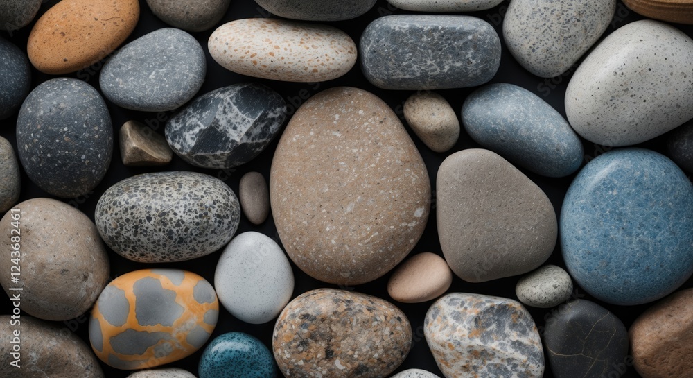 Poster colorful assortment of smooth pebbles and stones arranged artistically on a dark background showcasi