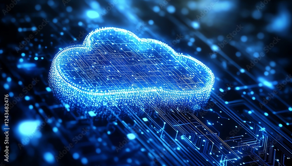 Poster secure cloud storage concept, with a cloud symbol above a chip, illustrating encryption and data pro