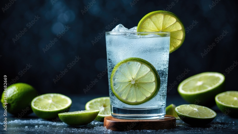 Poster refreshing glass of soda with lime slices surrounded by fresh limes on a dark background showcasing 