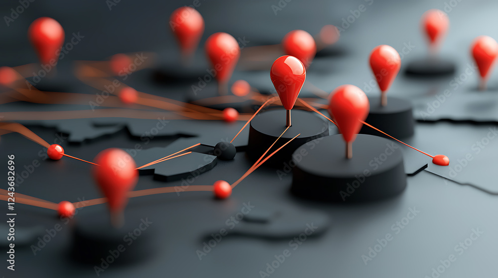Poster mapping connections red location pins on a black surface digital network visualization modern techno