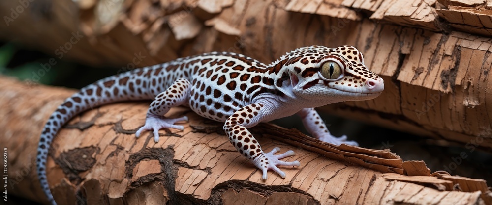 Aufkleber leopard gecko perched on textured cork bark showcasing vibrant patterns and colors in a naturalistic