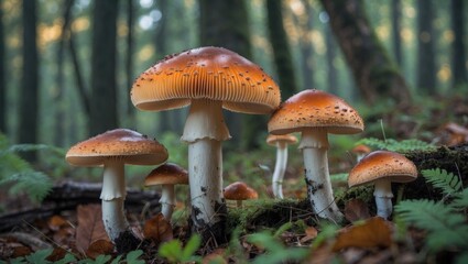 Fototapeta premium Vibrant Amanita Muscaria Mushrooms Growing in a Lush Green Forest Under Natural Light