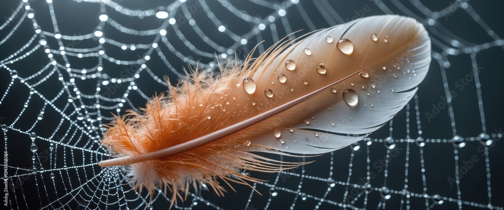 Poster delicate feather adorned with droplets resting on intricately woven spider web creating a striking m