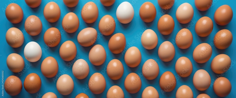 Aufkleber brown chicken eggs arranged on a blue background with ample space for text on the right top view fla