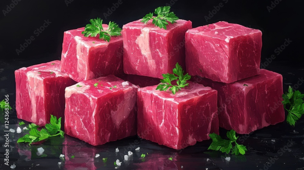 Poster cubes of raw beef stacked isolated on transparent background