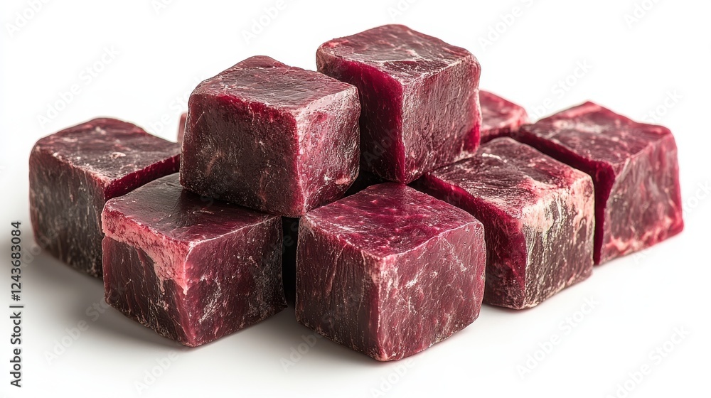 Poster cubes of raw beef stacked isolated on transparent background