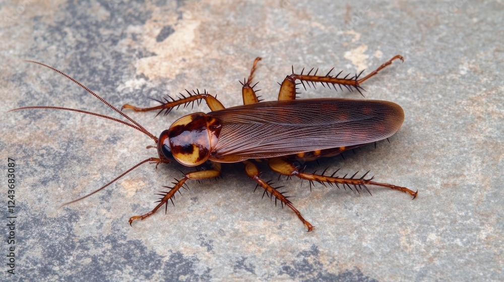 Poster a close-up of a cockroach on a textured surface.