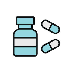 Pill medical icon is a simple vector illustration of a capsule and tablet, perfect for representing medication