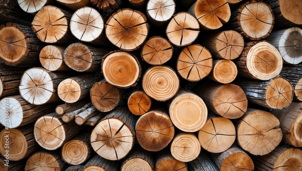 Poster Natural wooden logs arranged in a circular pattern creating an abstract background with rich textures and warm earthy tones.